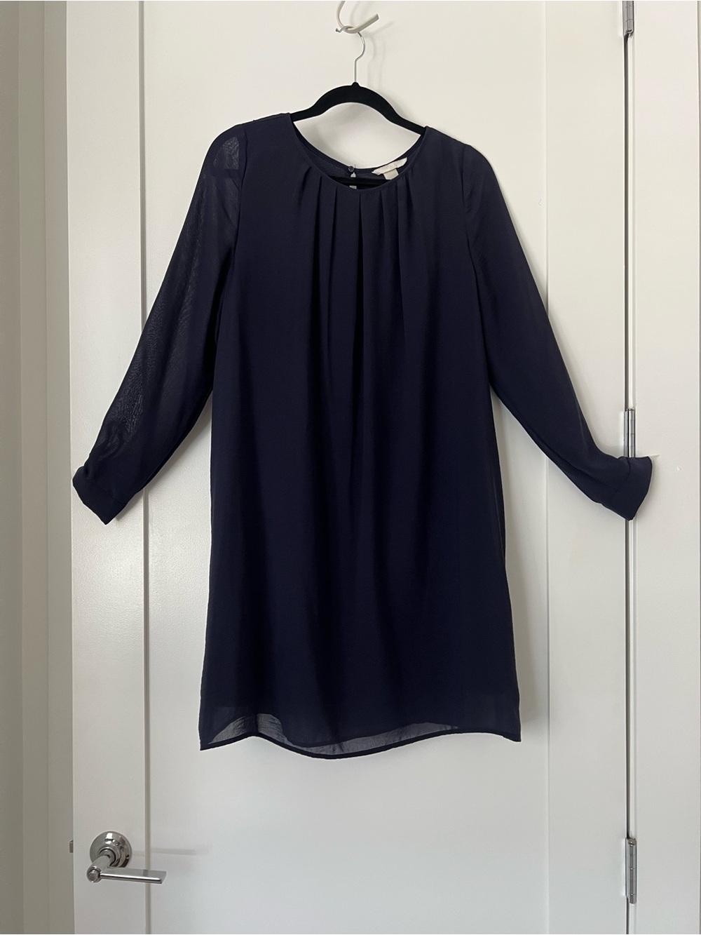 H&M Navy Chiffon Shift Dress | Long Sleeve Sheer Overlay